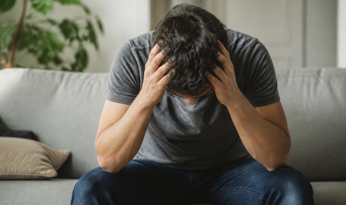 Homme assis penche en avant tenant sa tete fatigue