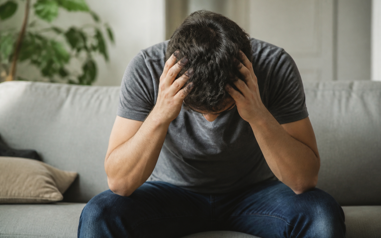 Homme assis penche en avant tenant sa tete fatigue