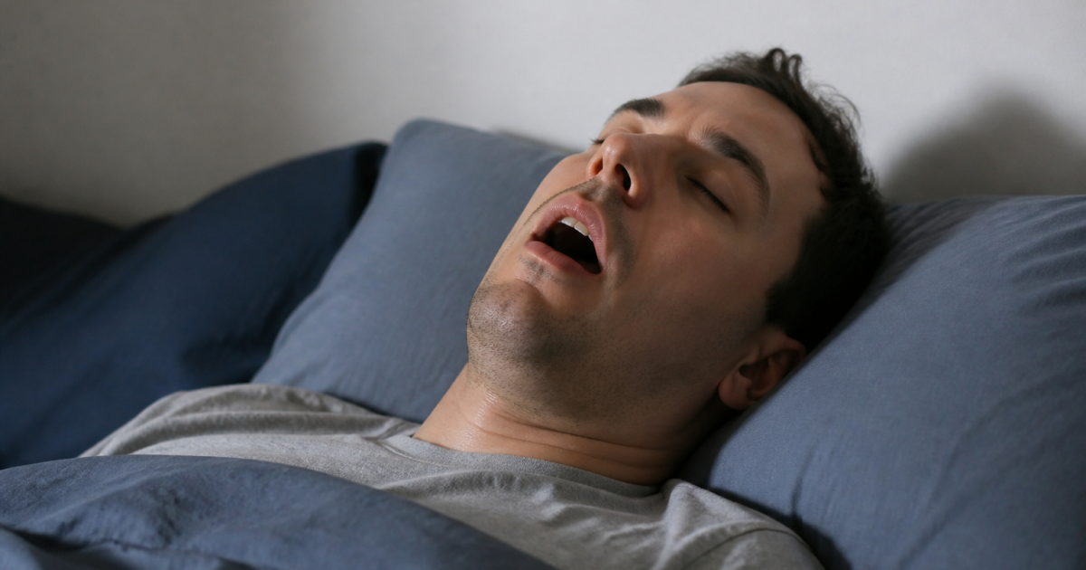 Homme allongé sur le dos ronfle la bouche ouverte pendant sommeil