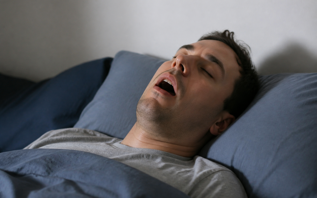 Homme allongé sur le dos ronfle la bouche ouverte pendant sommeil