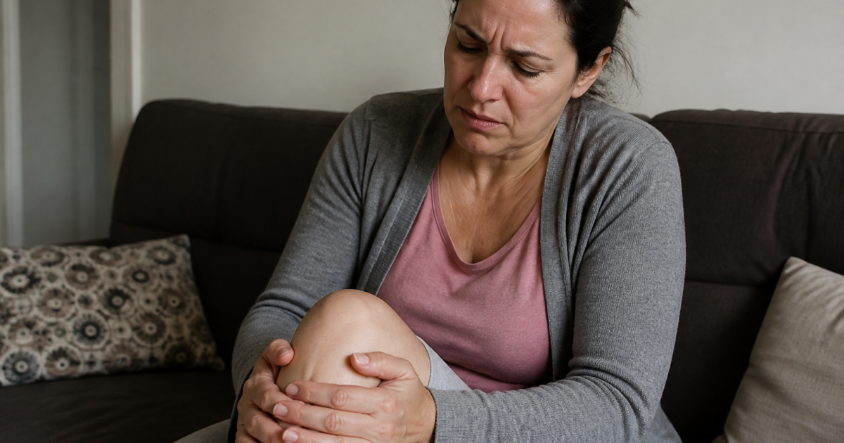 Personne assise tenant son genou enflé avec expression douloureuse