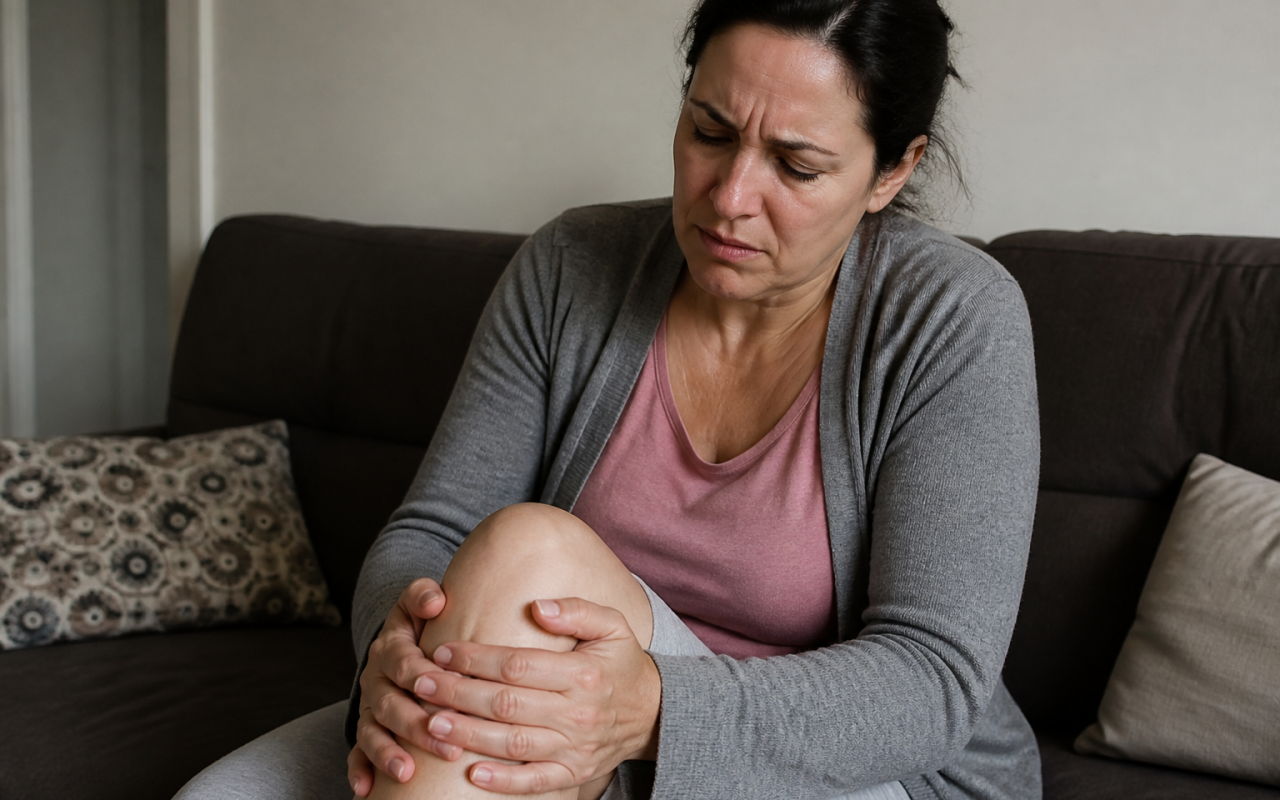 Personne assise tenant son genou enflé avec expression douloureuse