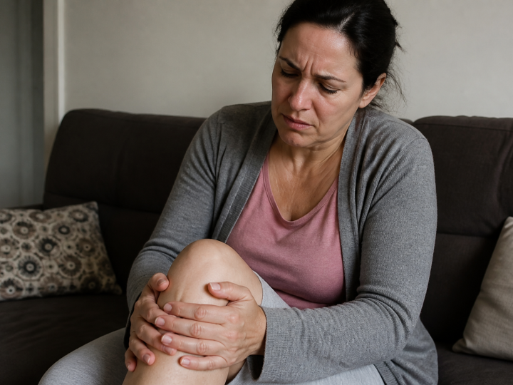 Personne assise tenant son genou enflé avec expression douloureuse