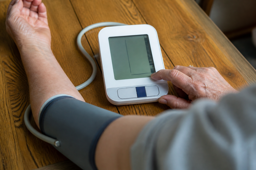 Tensiometre affichant chiffres de tension arterielle sur ecran numerique