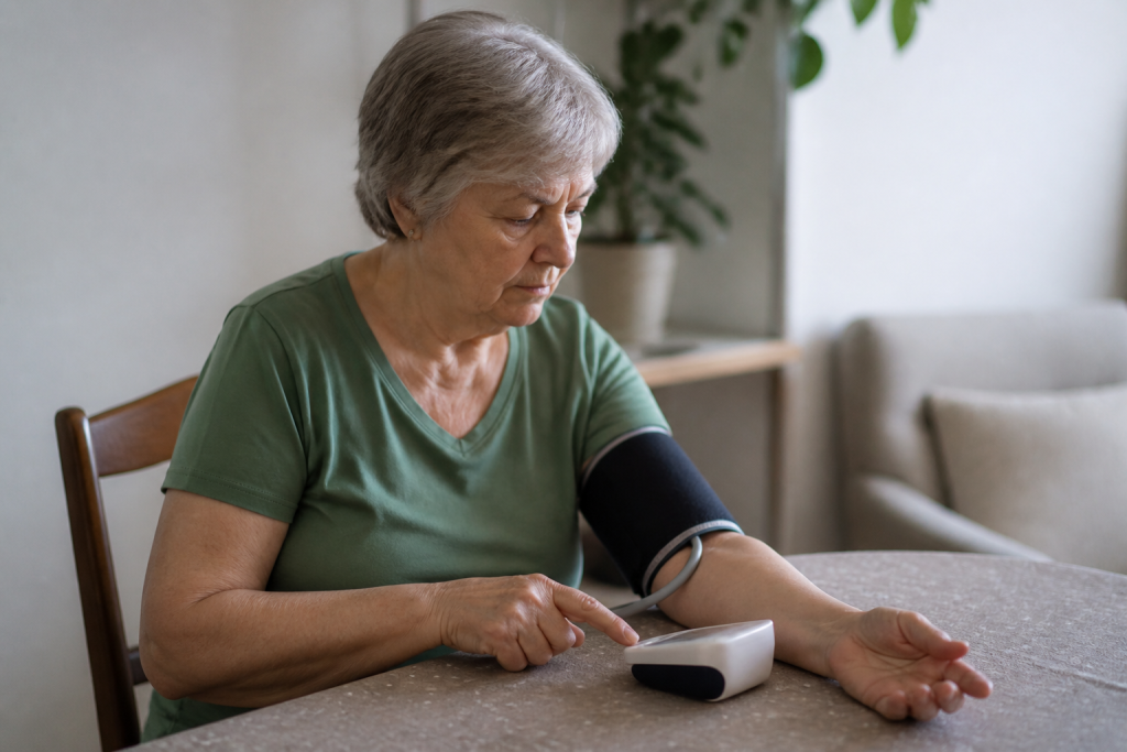 Patient mesurant tension arterielle avec appareil domicile