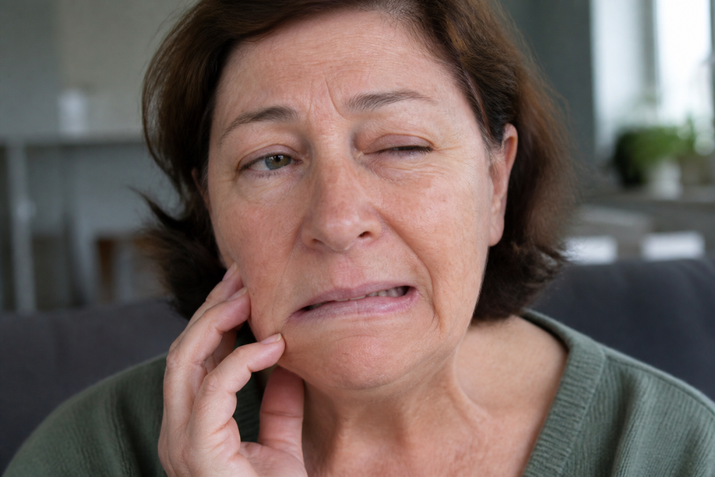 Patient montrant signes paralysie faciale et fourmillements nerveux visibles