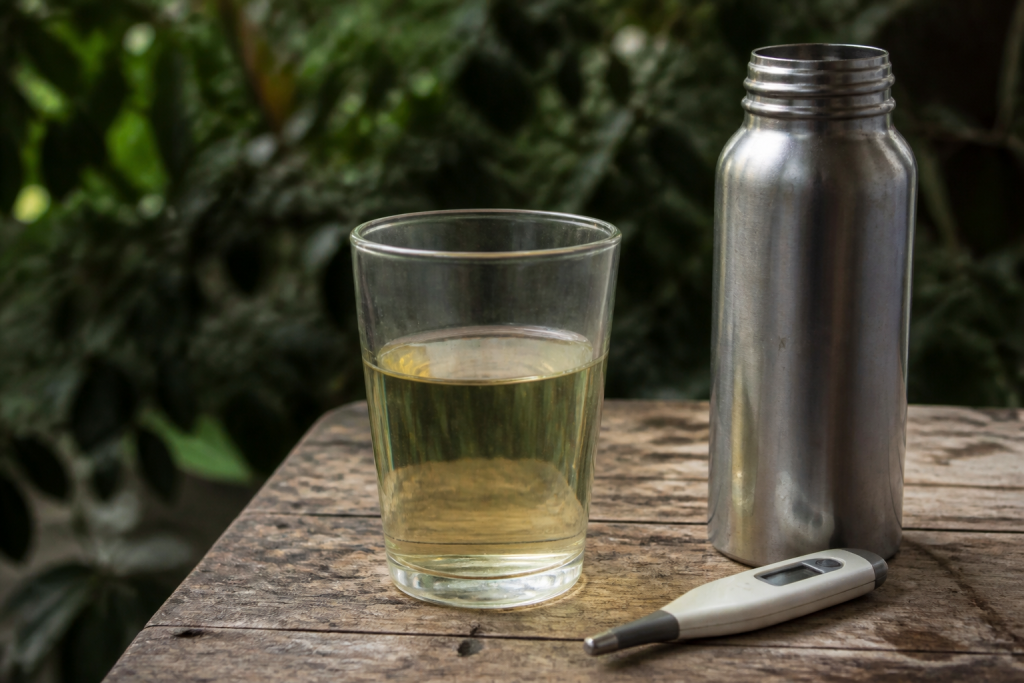 Verre d'eau avec urine jaune clair, bouteille réutilisable, thermomètre chaleur