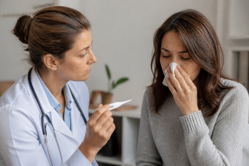 Medecin examinant patient avec mouchoir et thermometre clinique