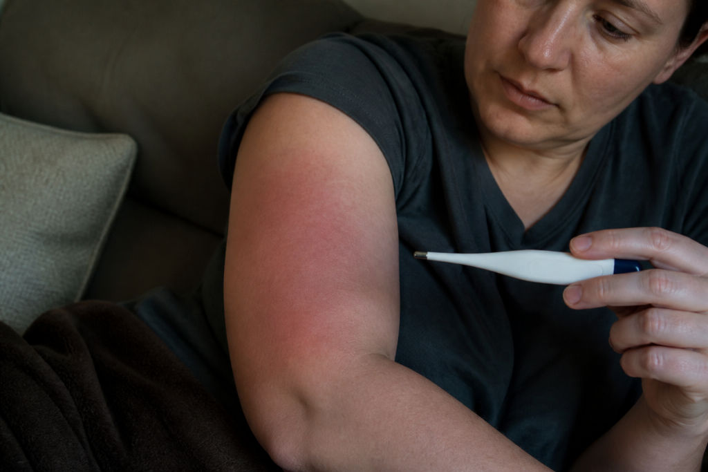 Bras avec rougeur étendue et thermomètre indiquant fièvre