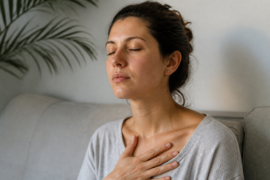 Femme fermant yeux main poitrine respirant profondément calmement