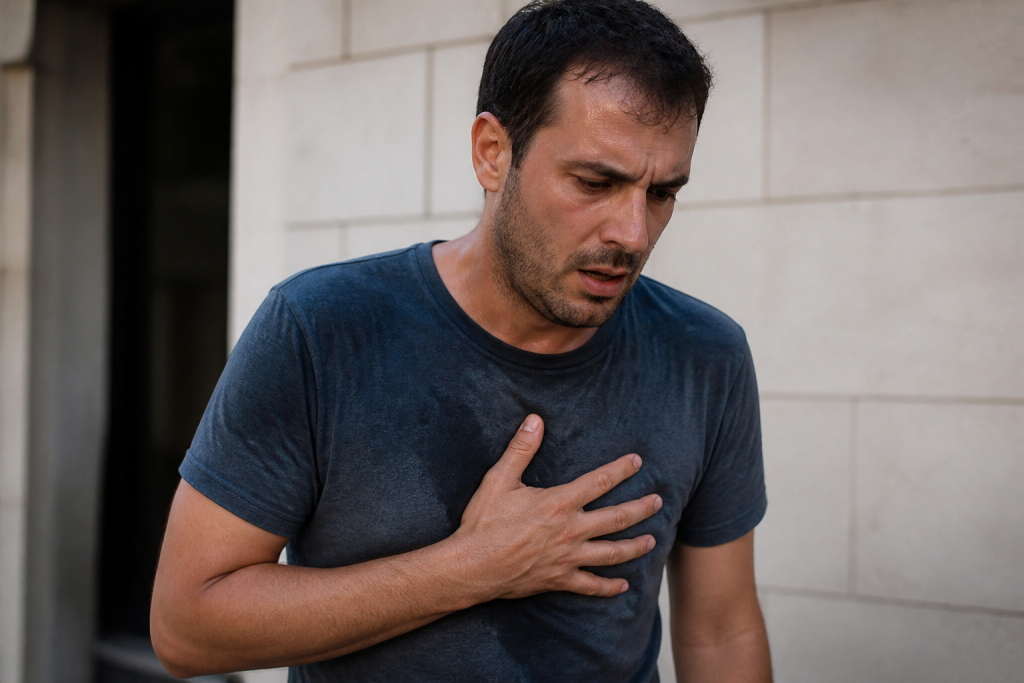 Homme tenant sa poitrine, sueurs visibles, expression inquiète