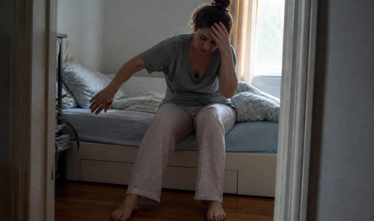 Personne se levant lentement du lit, main sur la tete, equilibre instable
