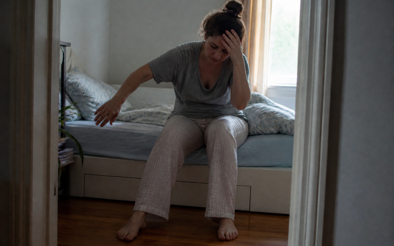 Personne se levant lentement du lit, main sur la tete, equilibre instable