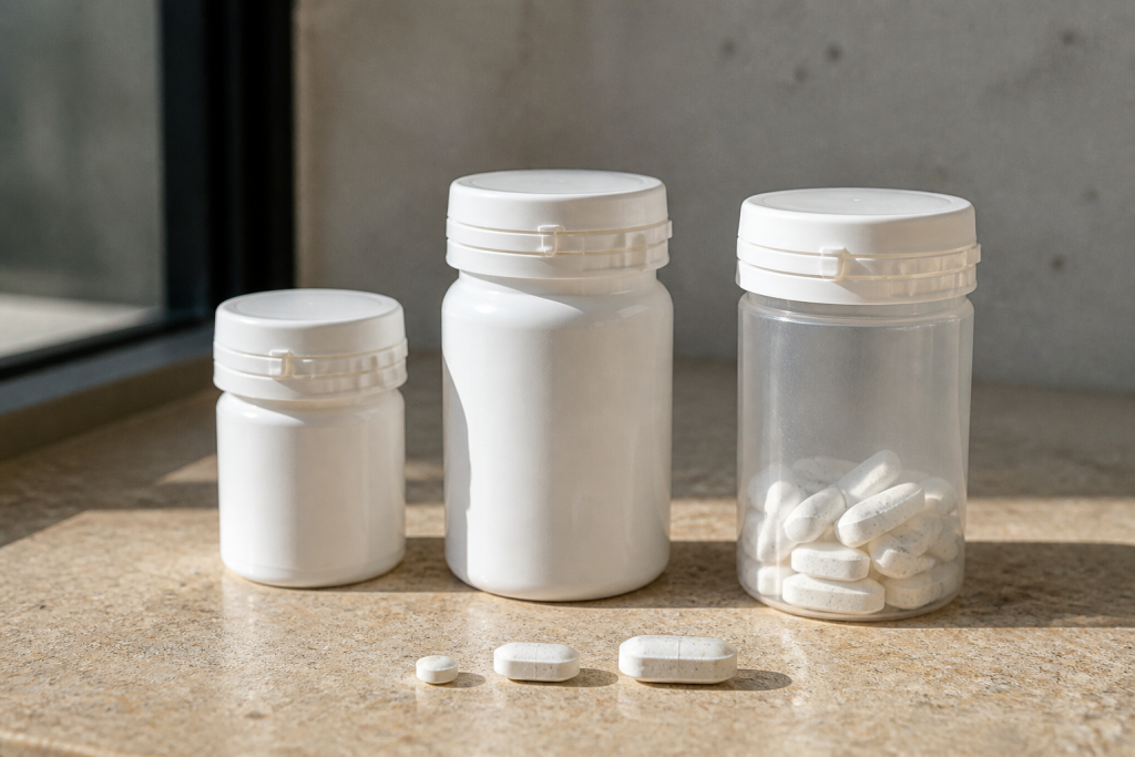 Bouteilles vitamine D disposees montrant frequences quotidienne hebdomadaire mensuelle