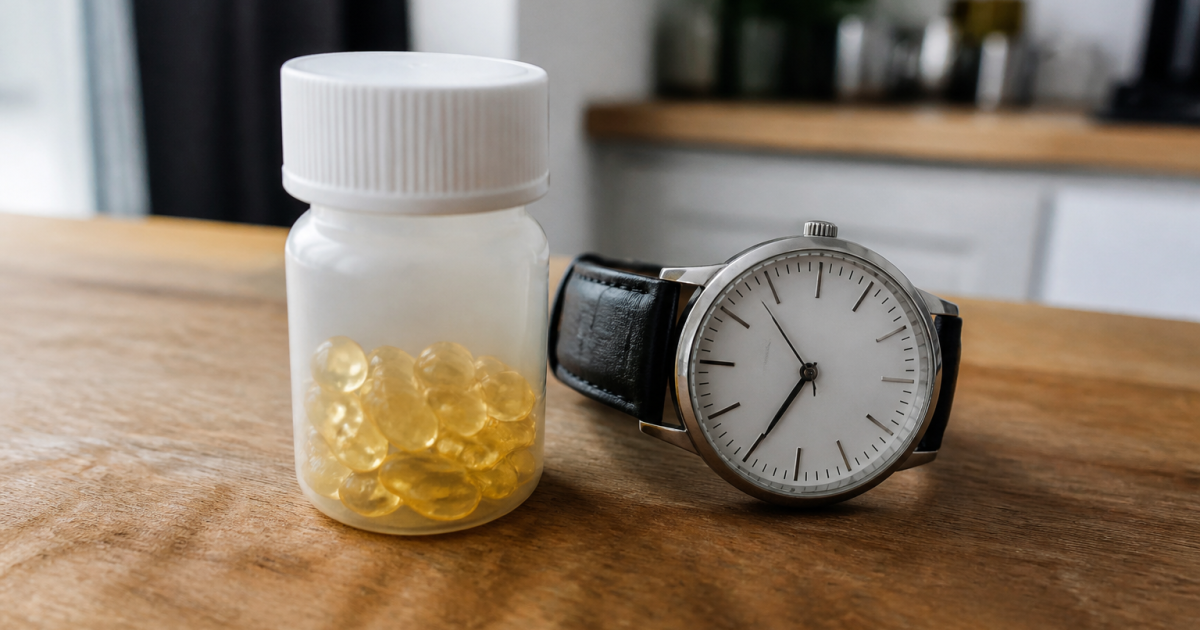 Flacon de vitamine D pose a cote d'une montre analogique