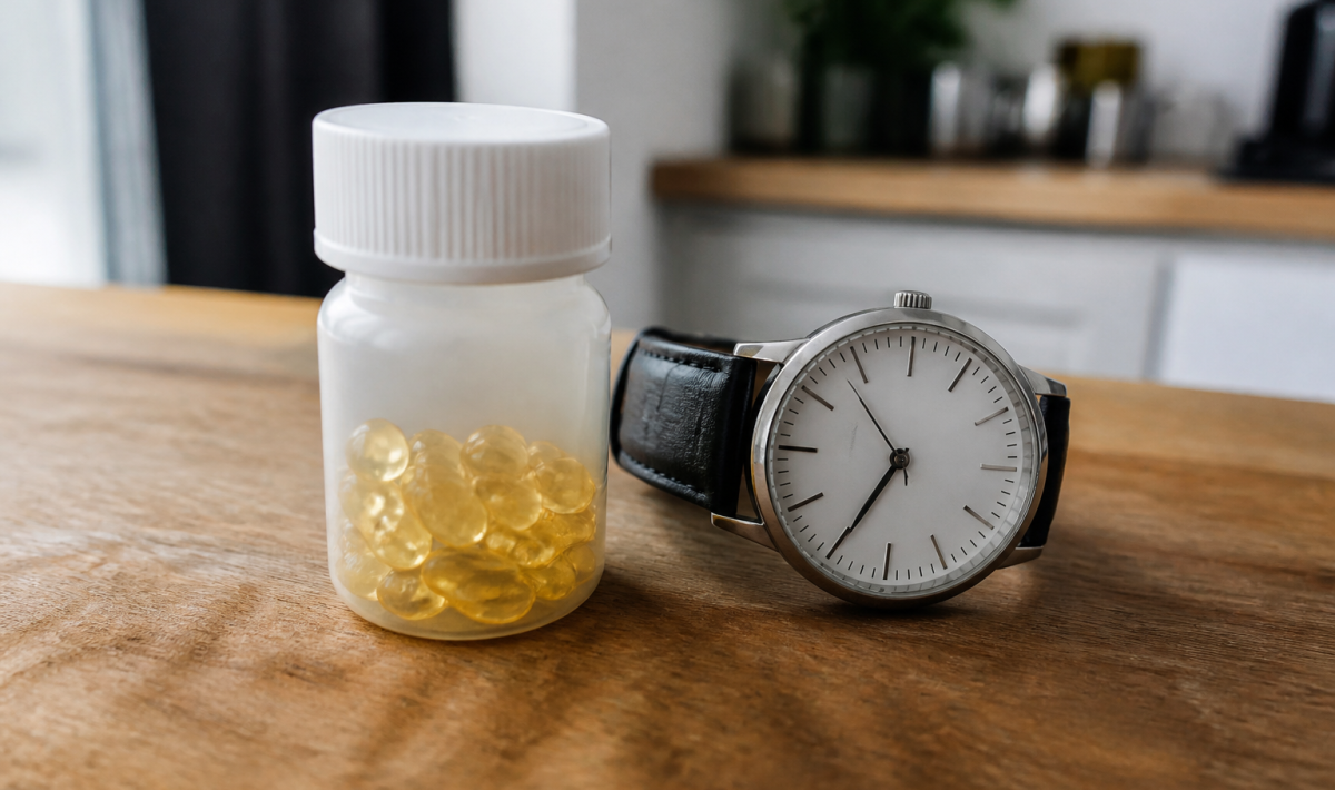 Flacon de vitamine D pose a cote d'une montre analogique
