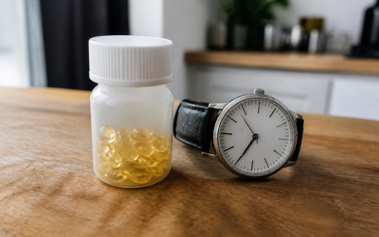 Flacon de vitamine D pose a cote d'une montre analogique