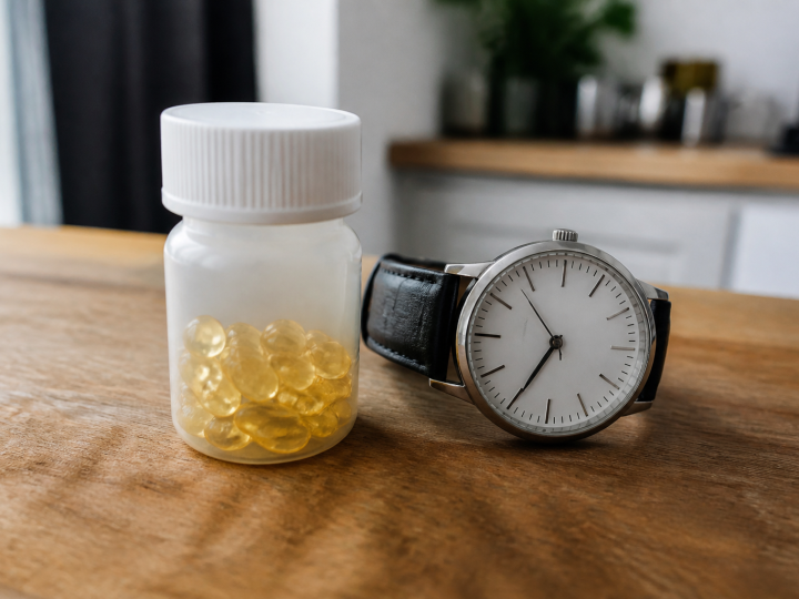 Flacon de vitamine D pose a cote d'une montre analogique