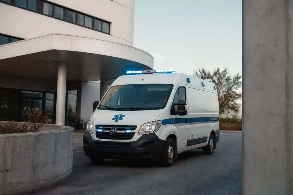 Ambulance garee devant un hopital avec gyrophares allumes