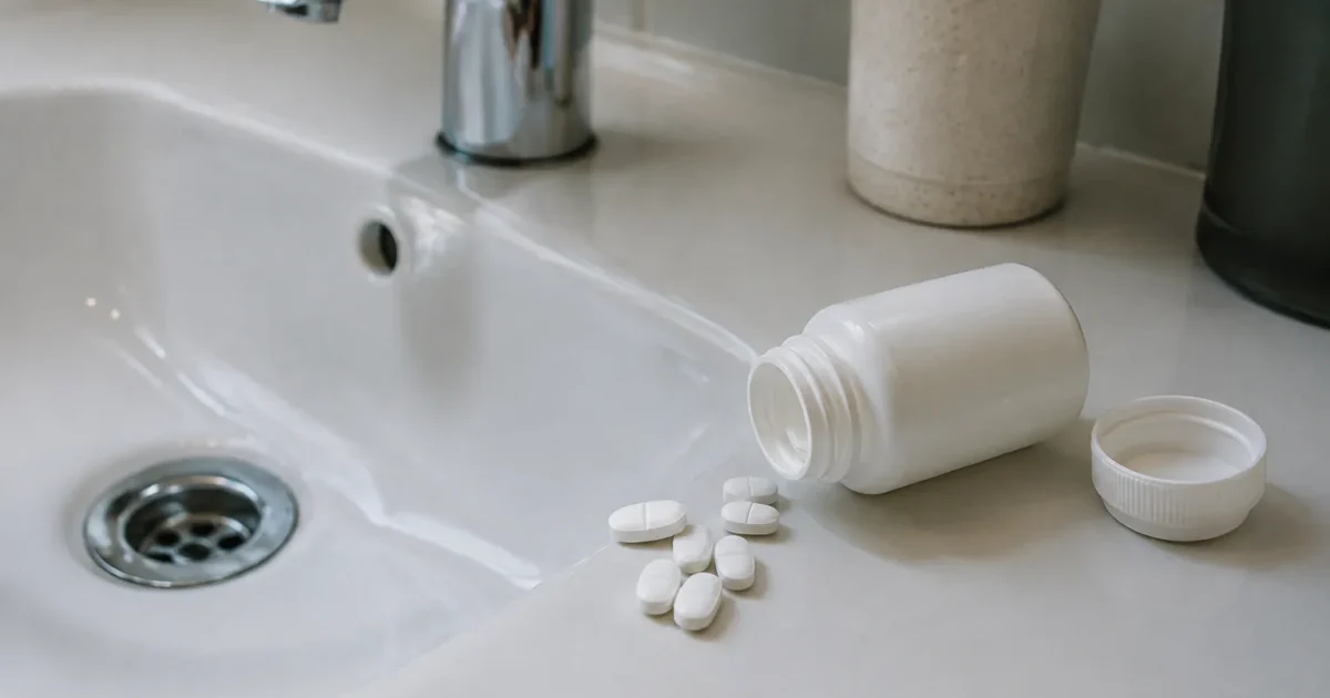 Boite de comprimes blanches posee sur un lavabo