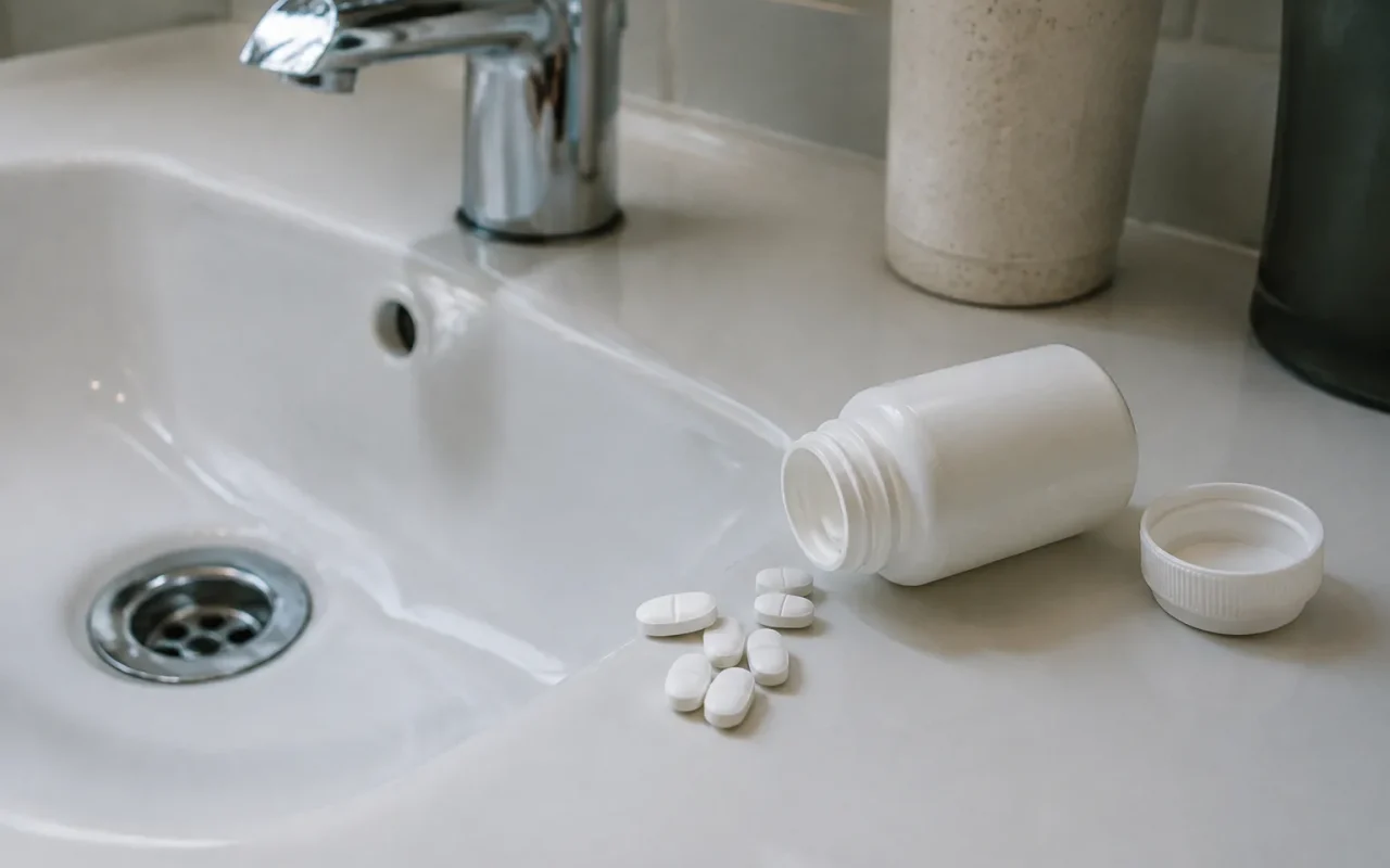 Boite de comprimes blanches posee sur un lavabo