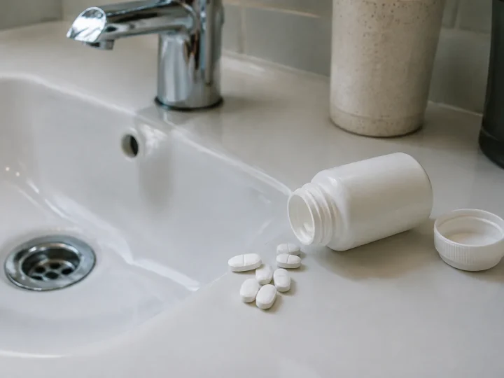 Boite de comprimes blanches posee sur un lavabo