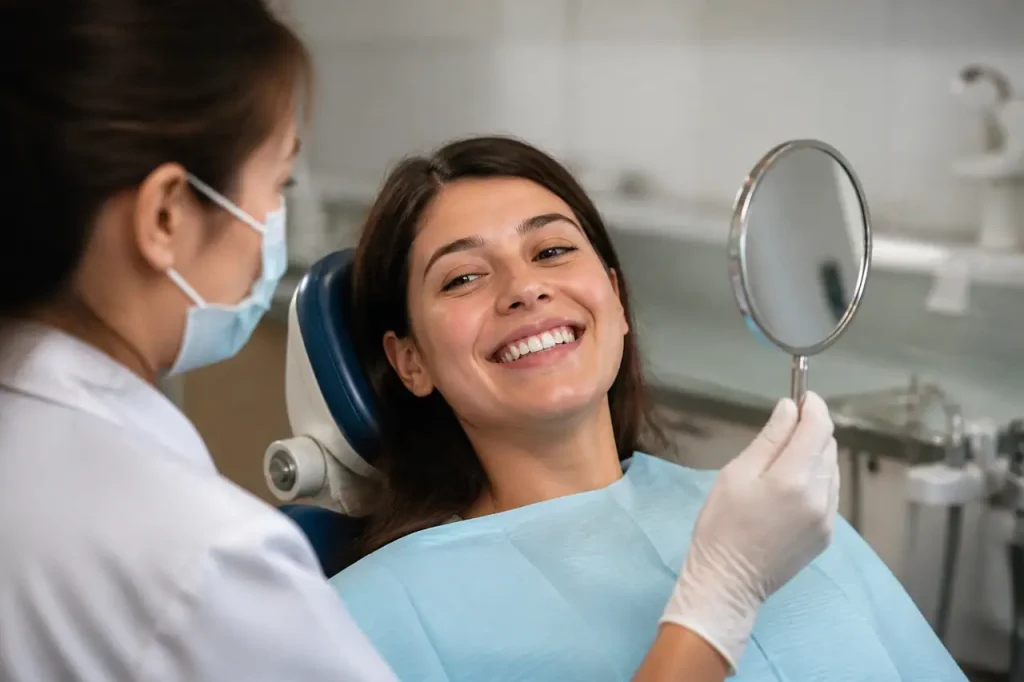 Dentiste tenant un miroir dentaire devant un patient souriant