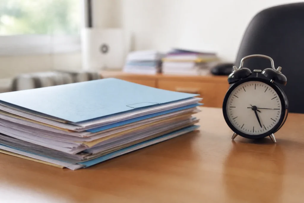 Dossier papier tamponné sur bureau avec horloge
