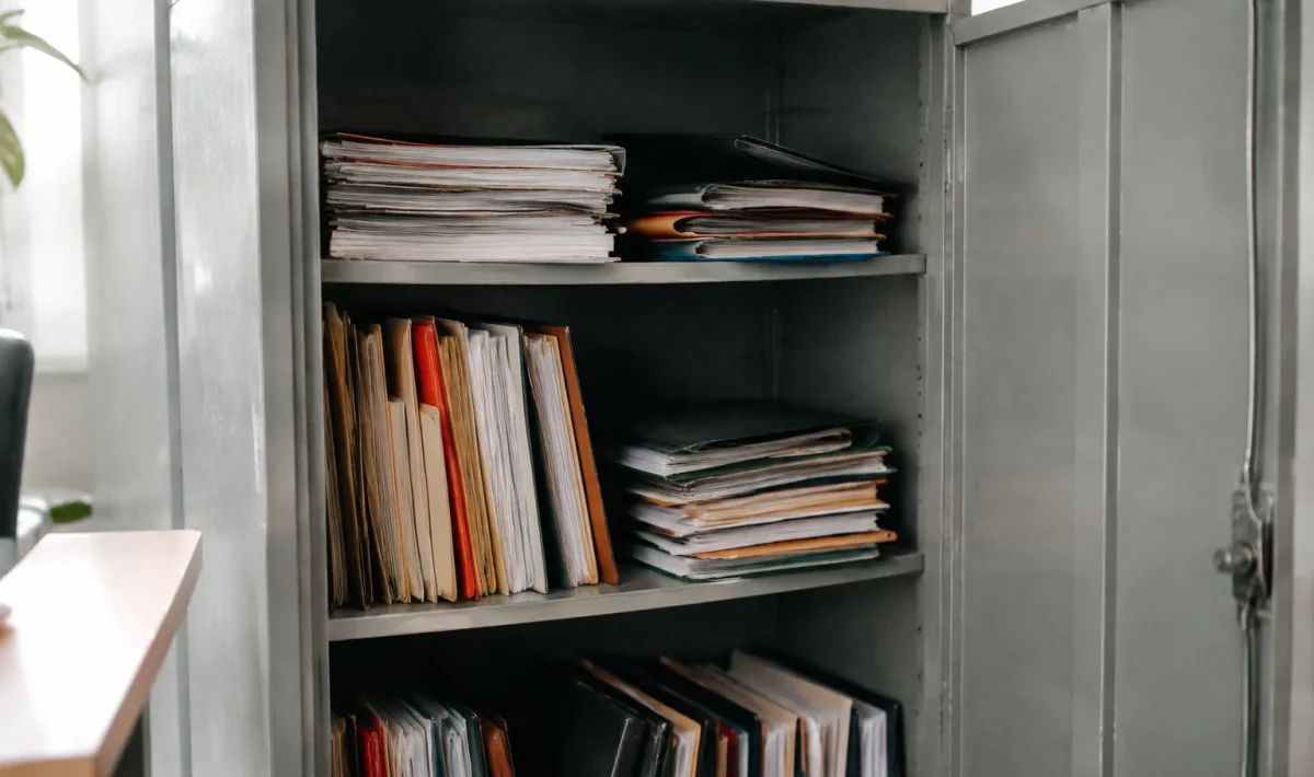 Dossiers juridiques classes dans une armoire metallique ouverte