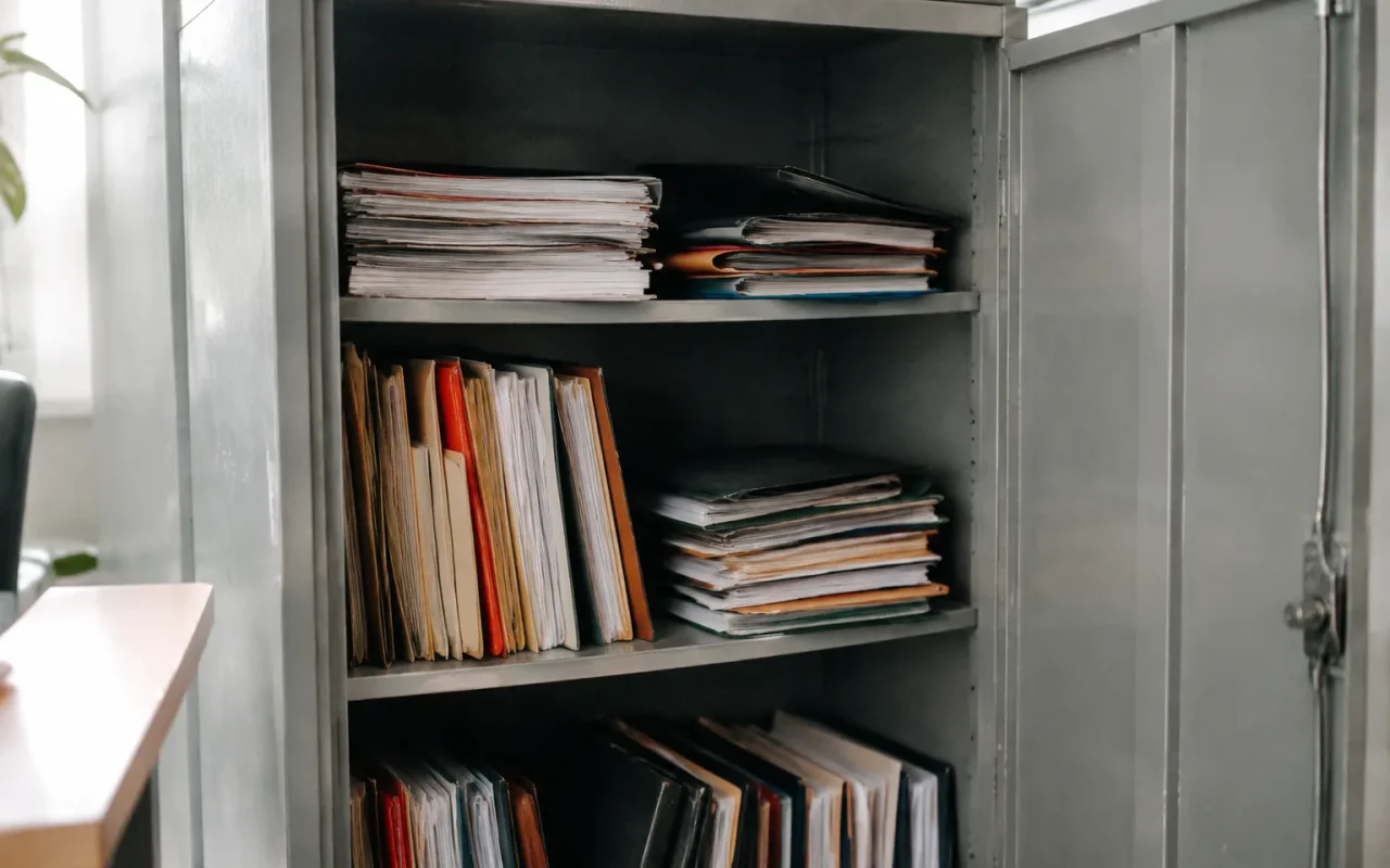 Dossiers juridiques classes dans une armoire metallique ouverte