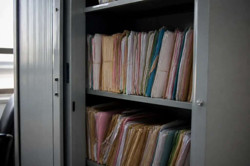 Dossiers papier classés dans une armoire grise avec étiquettes