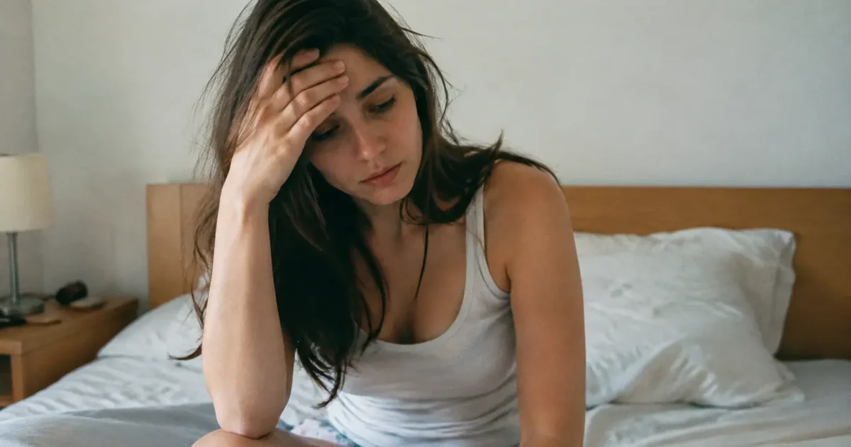 Femme assise au lit main sur le front