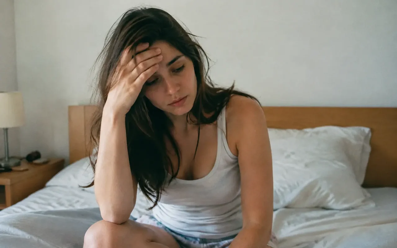 Femme assise au lit main sur le front