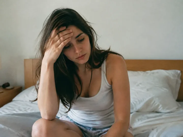 Femme assise au lit main sur le front
