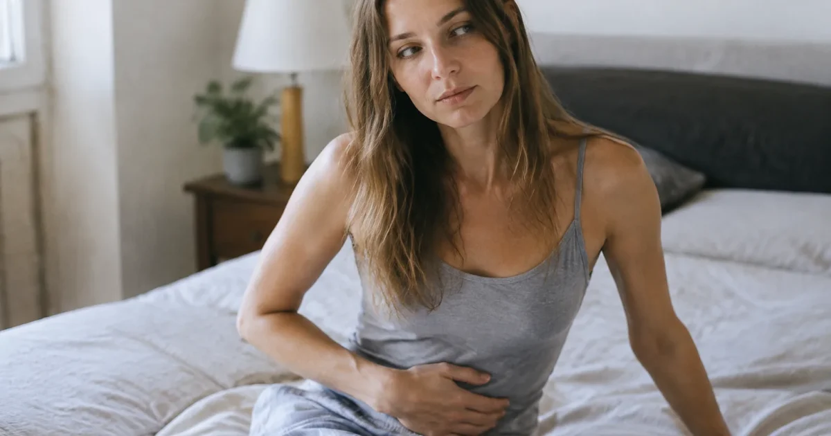 Femme assise sur le lit, main sur le ventre
