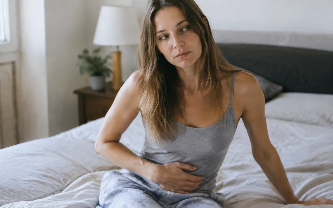 Femme assise sur le lit, main sur le ventre