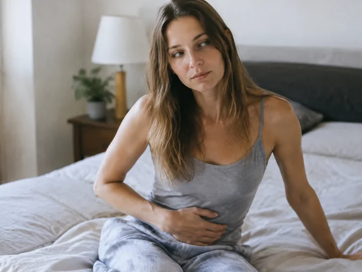 Femme assise sur le lit, main sur le ventre