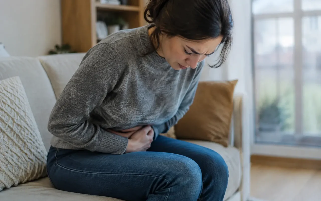 Femme assise penchée en avant tenant son bas ventre