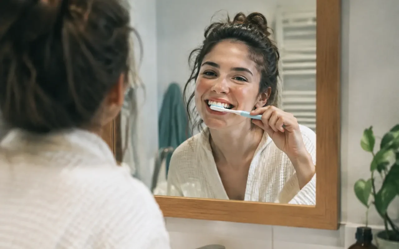 Femme souriante brossant ses dents devant le miroir
