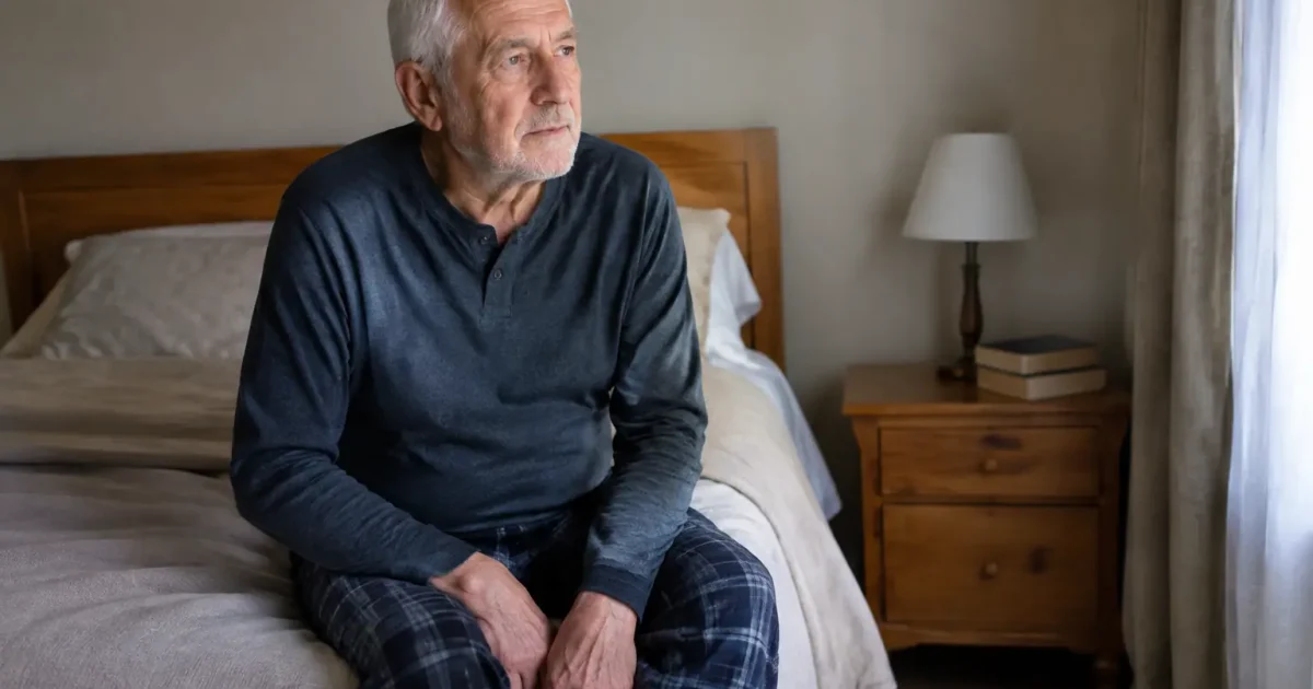 Homme âgé assis au bord du lit