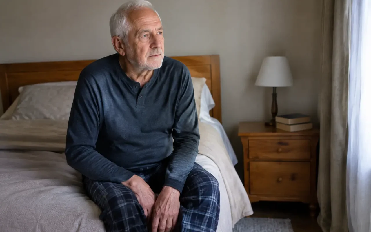 Homme âgé assis au bord du lit