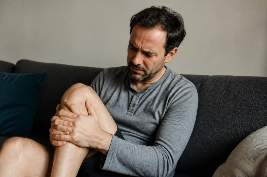 Homme assis serrant son genou sur un sofa