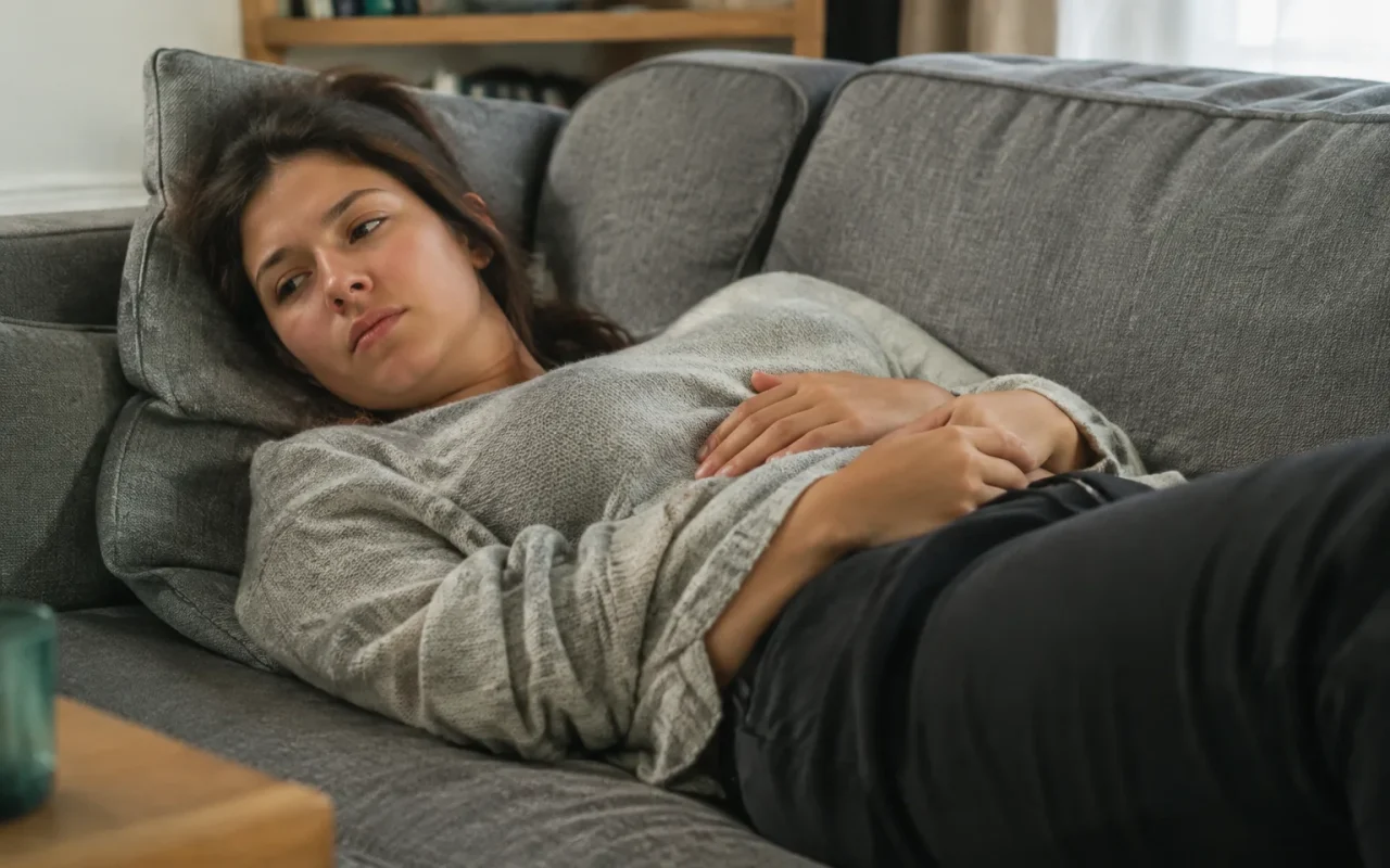 Jeune femme allongee sur un canape tenant son ventre