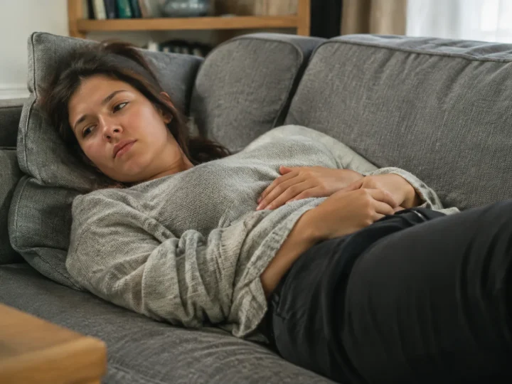 Jeune femme allongee sur un canape tenant son ventre