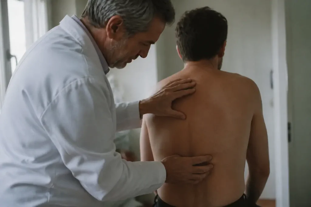 Medecin en blouse blanche palpant le dos d'un patient