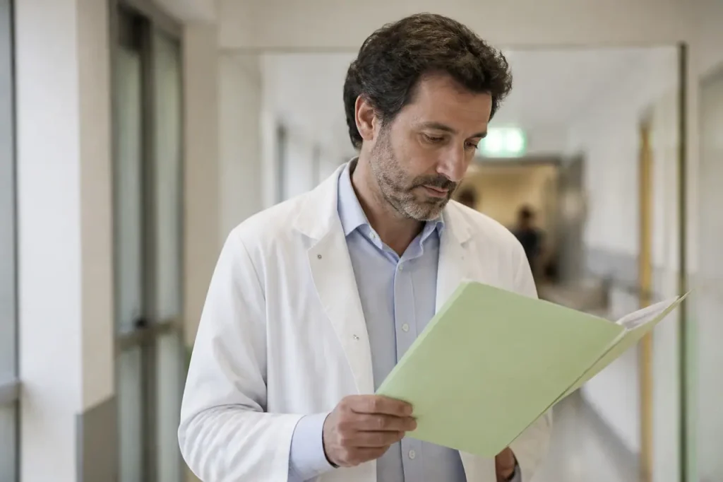 Medecin en blouse blanche tenant un dossier medical
