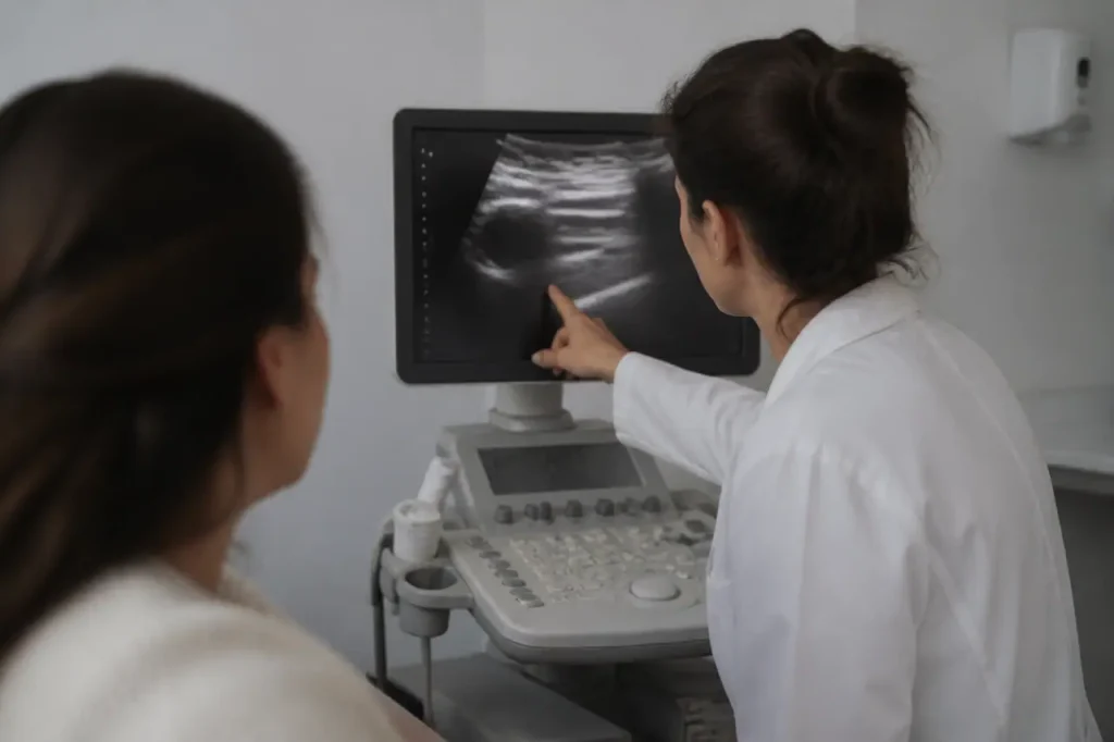 Medecin montrant une echographie abdominale sur un ecran
