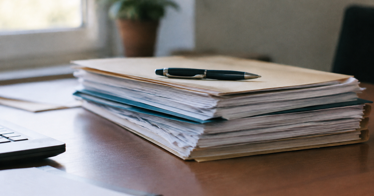 Pile de documents officiels sur bureau, stylo pose dessus