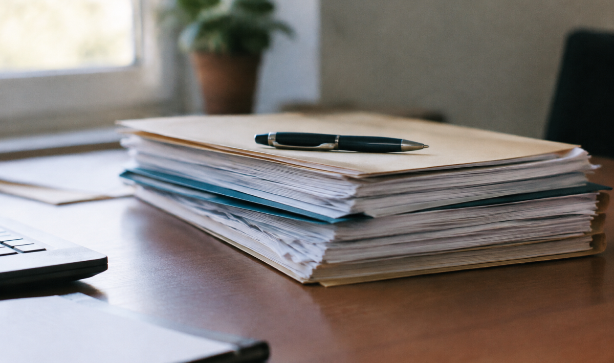 Pile de documents officiels sur bureau, stylo pose dessus