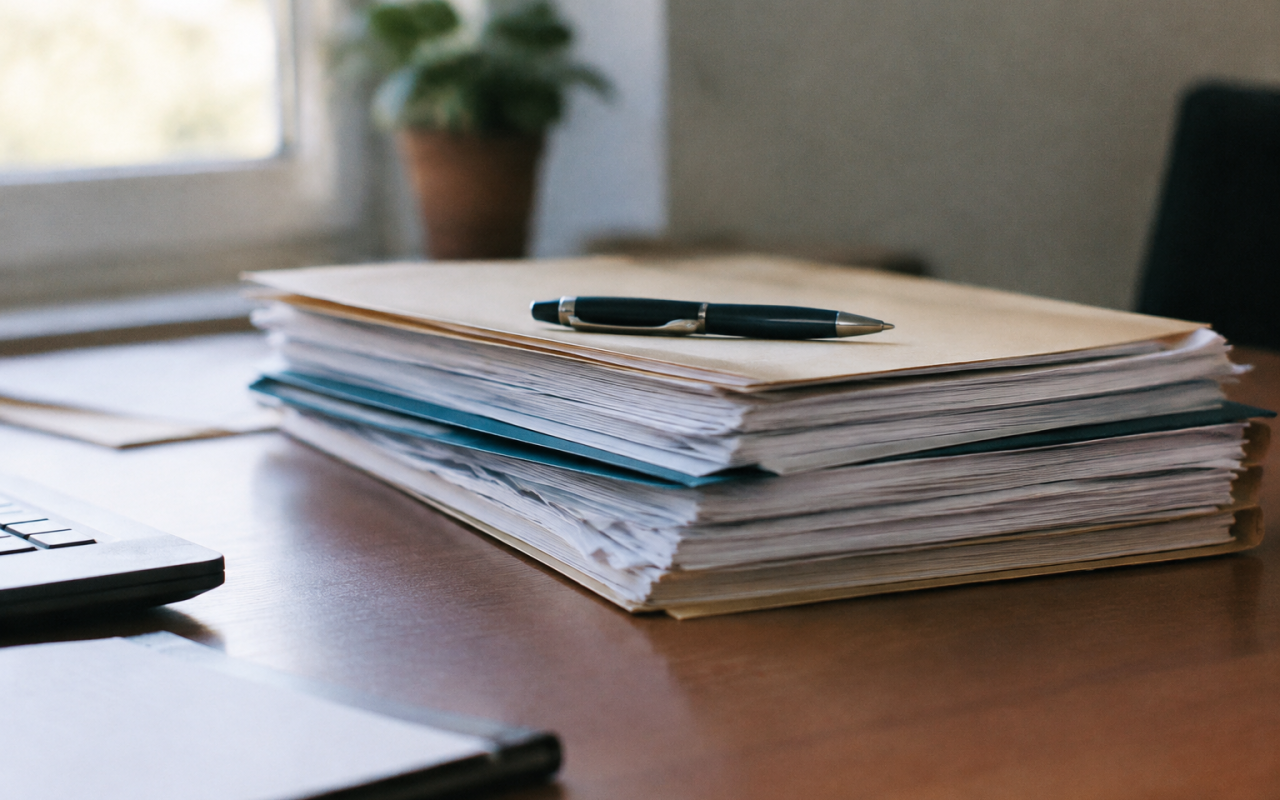 Pile de documents officiels sur bureau, stylo pose dessus
